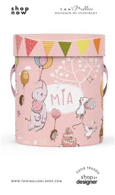 Cutie rotunda personalizata din mucava pentru trusou botez fetite cu animale si baloane Elefantica 1